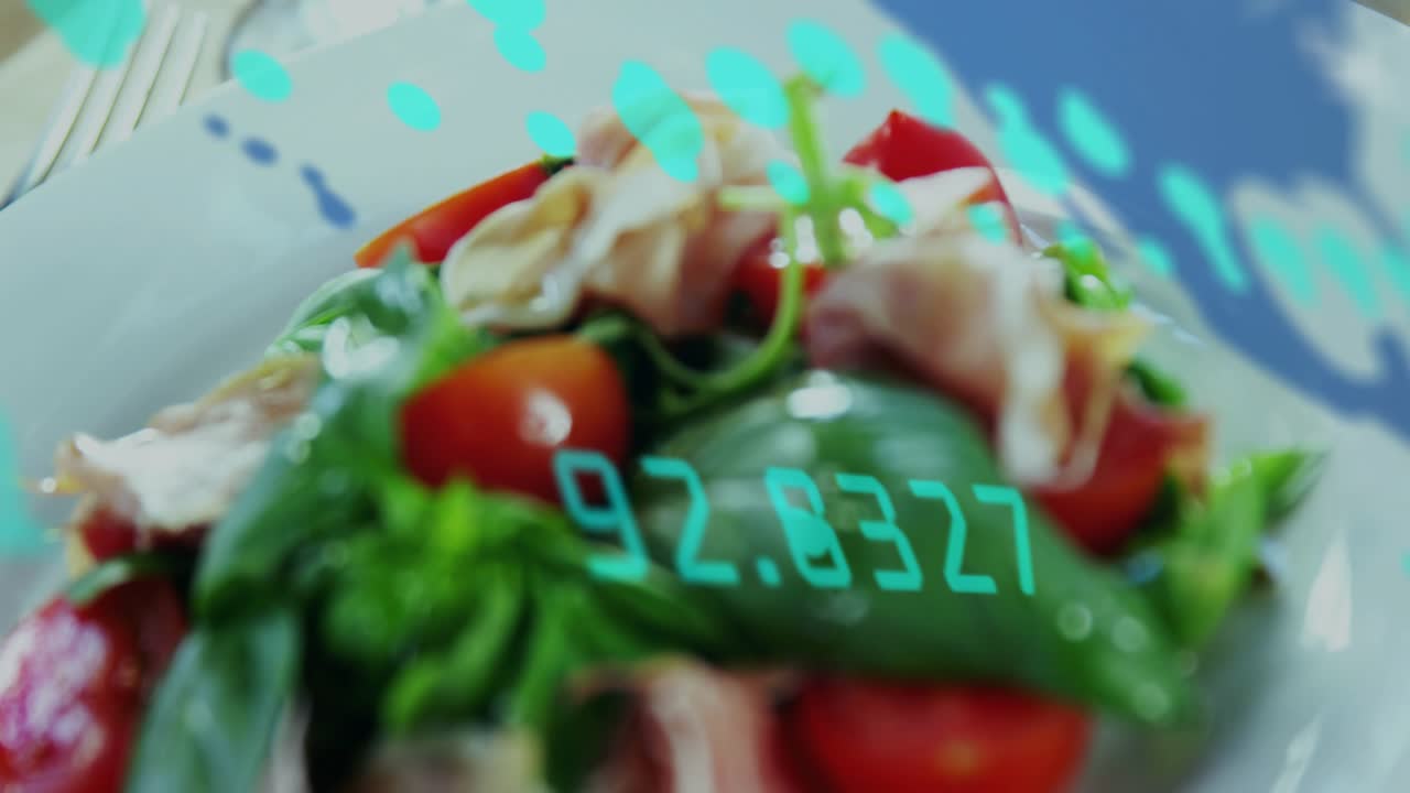 Overlay starting blue dots sweeping, digits fading, camera pulling, revealing basil, tomatoes, ham