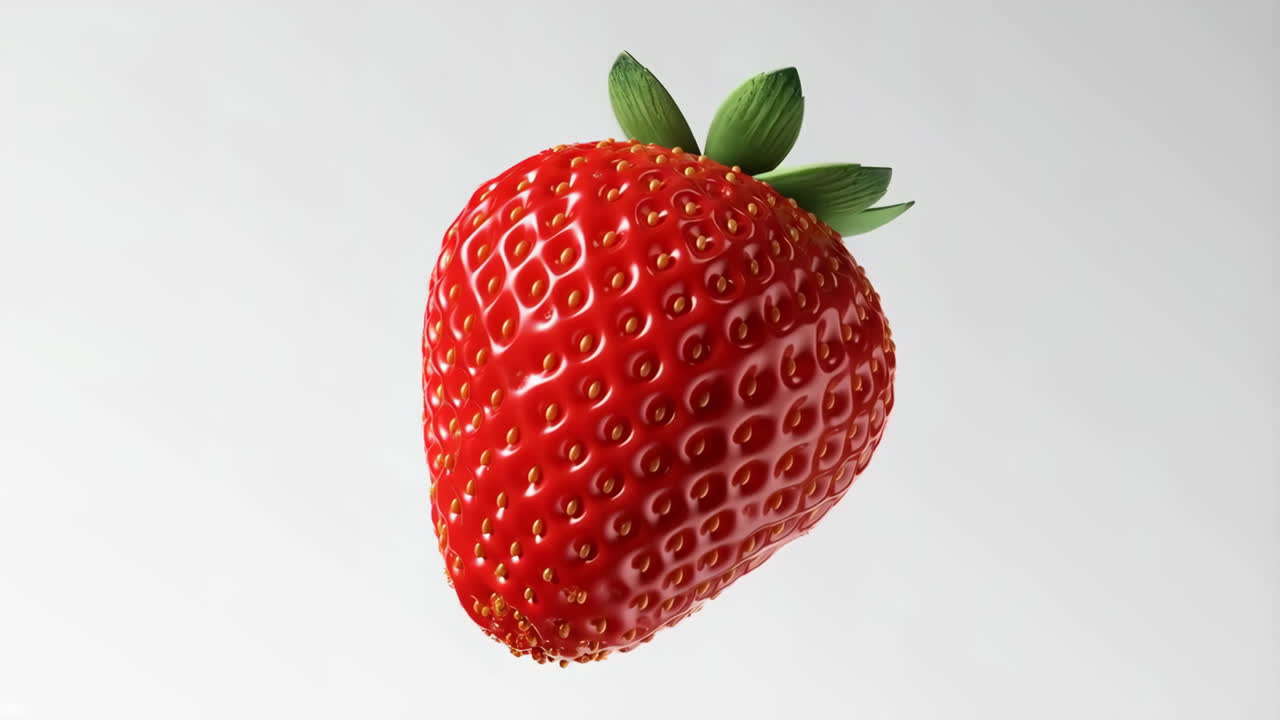 A close-up of a single red strawberry on a white background
