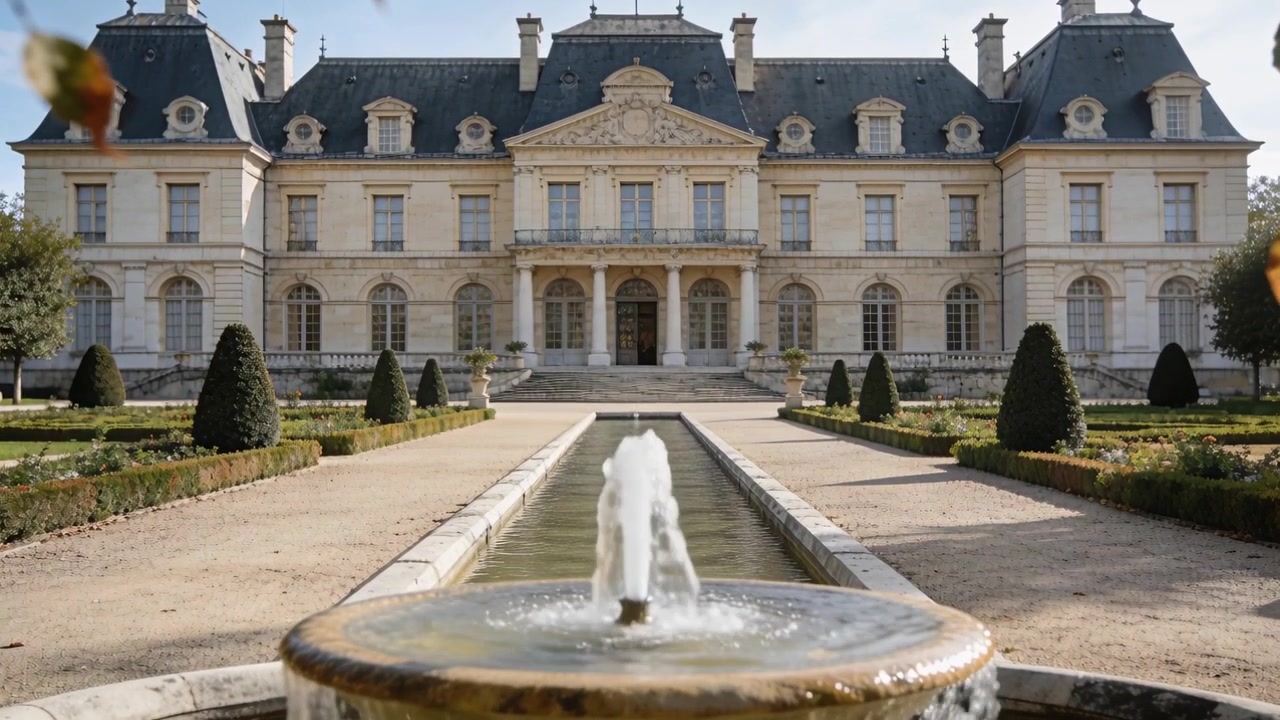 Inquadratura iniziale che mostra una fontana in pietra che cambia getto nel giardino di una tenuta, con una piscina riflettente verso la villa.