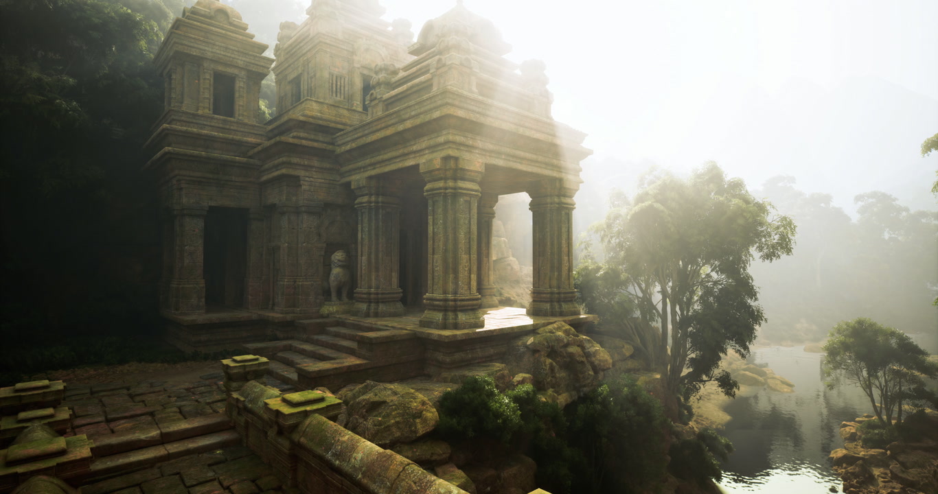 Ancient temple ruins shrouded in misty morning light
