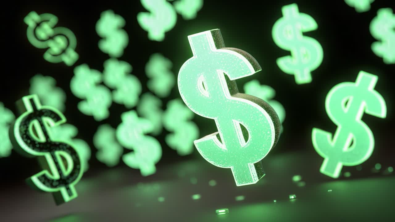 Visualizzazione dinamica di simboli del dollaro verdi fluttuanti che brillano in modo accattivante su uno sfondo scuro - Una sinfonia digitale di valuta e valore.