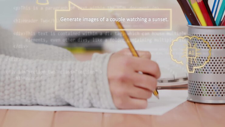 Animation of ai text and data processing and asian woman writing