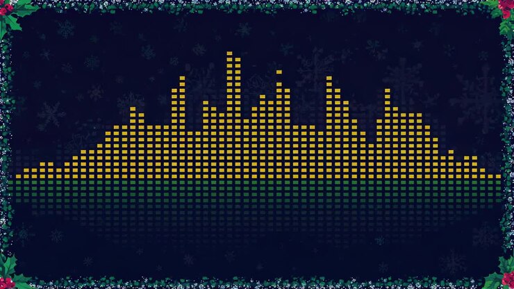 Pulsing grid reacting to music at holiday backdrop, shifting green-yellow bars, garland reflection