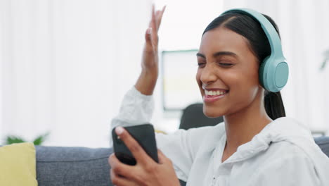 India-woman,-headphones-and-phone-listening-to