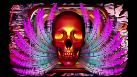 animation of skull on colorful lightning leafs background, suitable for overlays, reflecting human skull, psychedelic artsy concept