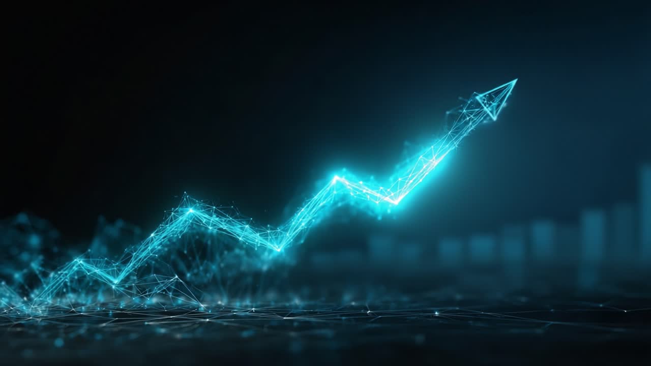 Dynamic Visualization of an Upward Trend: A Modern Interpretation of Growth and Progress Illustrated Through Futuristic Digital Graphics and Data Patterns