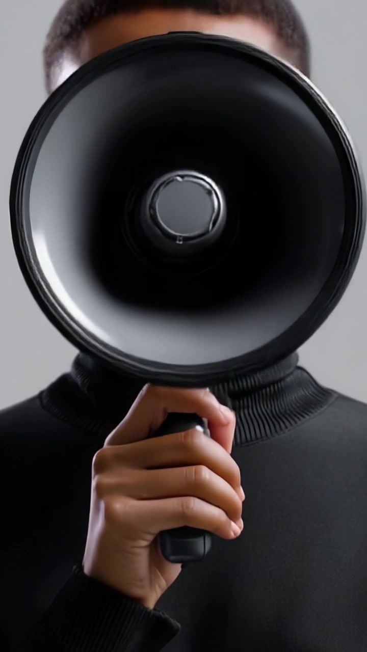 En person som holder en megafon, som symboliserer kommunikasjon, påvirkning eller protest, og fremhever talens rolle i å forene personlig uttrykk med kollektiv handling