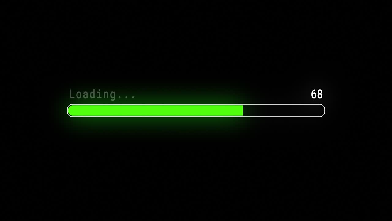 Green Loading progress bar downloading barloading screen pixelated progress animation. Status bar, processing from 0 to 100 transfer on black background. Percent indicator. Running bar counter