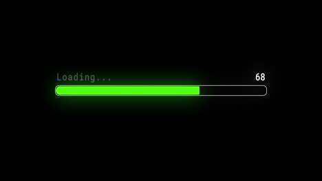 barra di progresso di caricamento verde scaricamento barloading schermo animazione di progresso pixelato. barra di stato, elaborazione da 0 a 100 trasferimento su sfondo nero. indicatore percentuale. contatore di barra in esecuzione