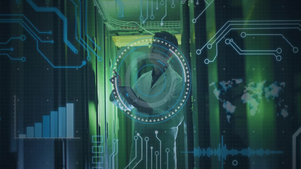 Animation of data processing over asian male it engineer with tablet checking computer servers