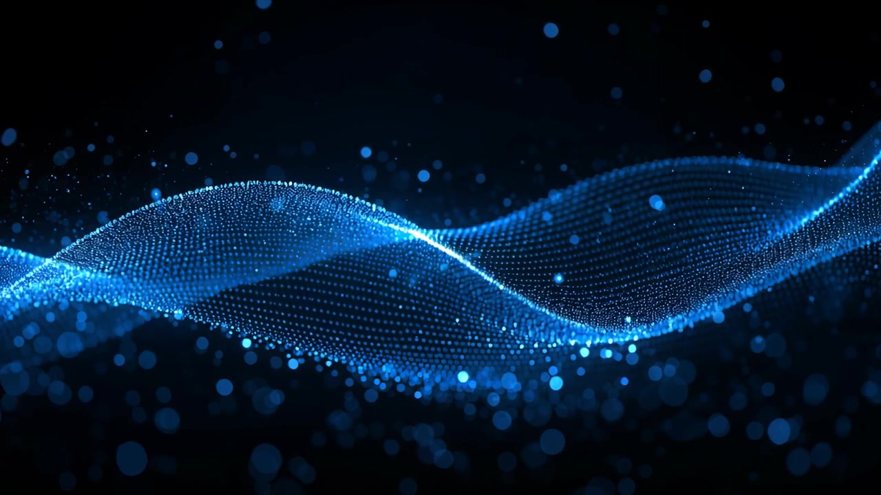 Starting blue dot ribbon moving across void, waves crossing creating bright nodes, bokeh rising