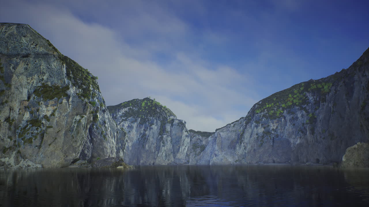 Stunning rock formations reflected in calm water under a blue sky