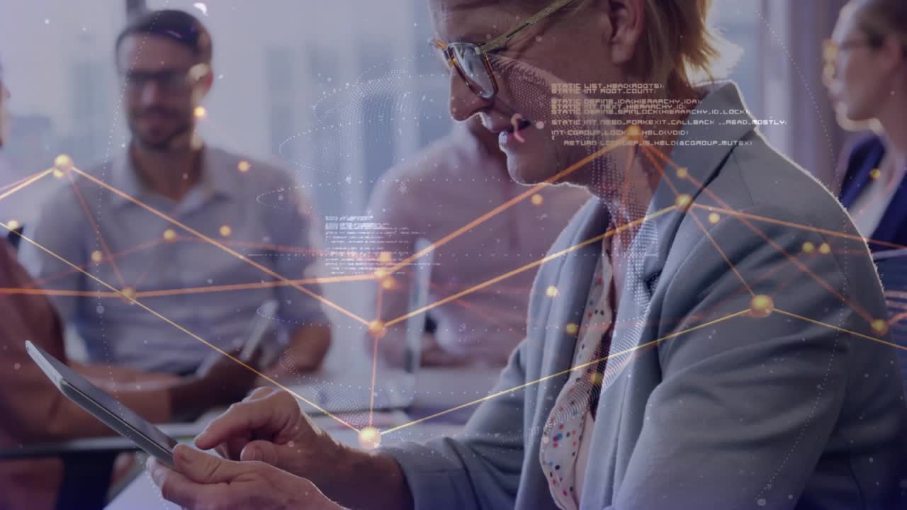 Mature woman bringing tablet tapping screen showing network overlay leading business data review