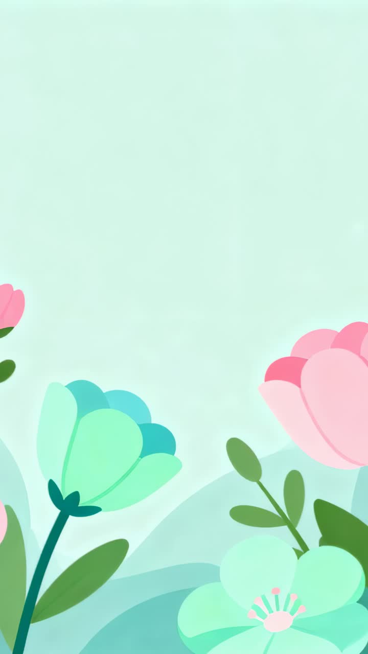 Vertical video: Looping teal mint pink flowers and leaves gently swaying in tall phone for overlay