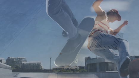 Animation-of-legs-of-skateboarder-over-another-skateboarder-jumping-in-background