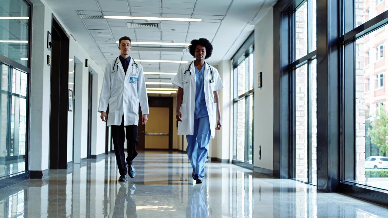 Two Doctors Walking Down a Bright Hospital Hallway