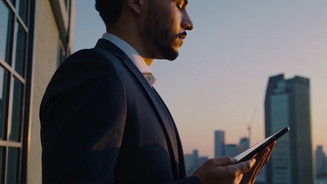 Businessman on Rooftop at Sunset
