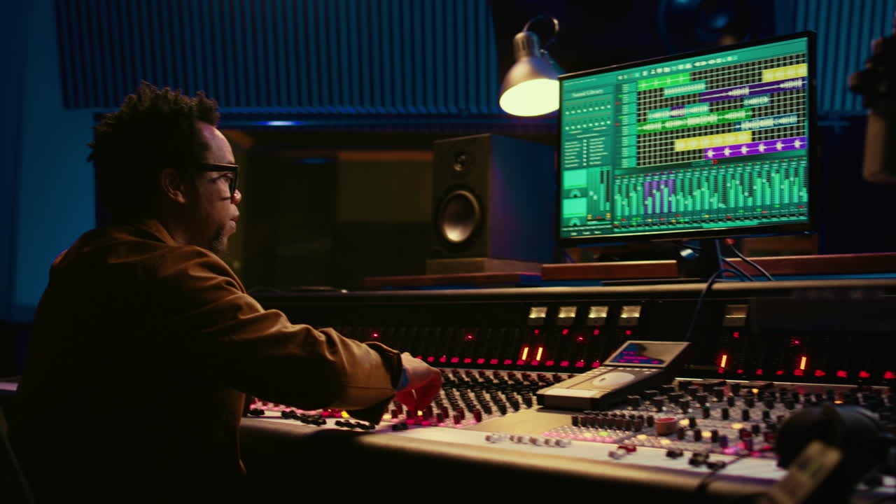 African american producer working at mixing panel in recording studio