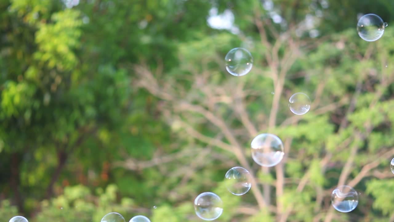 어린이와 어린이를 위한 자연 녹색 흐릿한 보케 배경으로 공중에 떠다니는 비누 거품