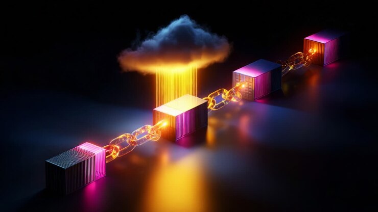 An abstract visualization of interconnected blocks under a digital cloud, depicting the flow of data and technological innovation, emphasizing blockchain and cloud interaction