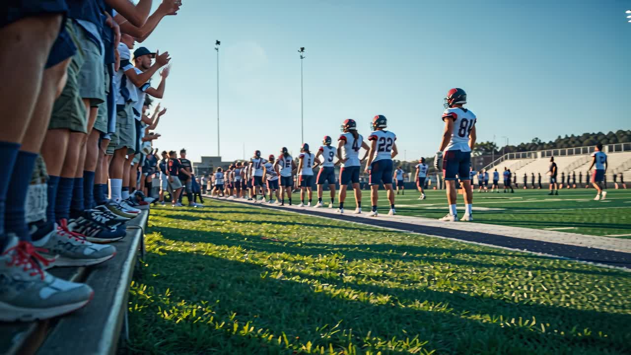 Vertikal video: Kameraet trekker seg tilbake og viser et lag i hjelmer på sidelinjen ved en videregående skole, med en spiller som slutter seg til før kampstart.