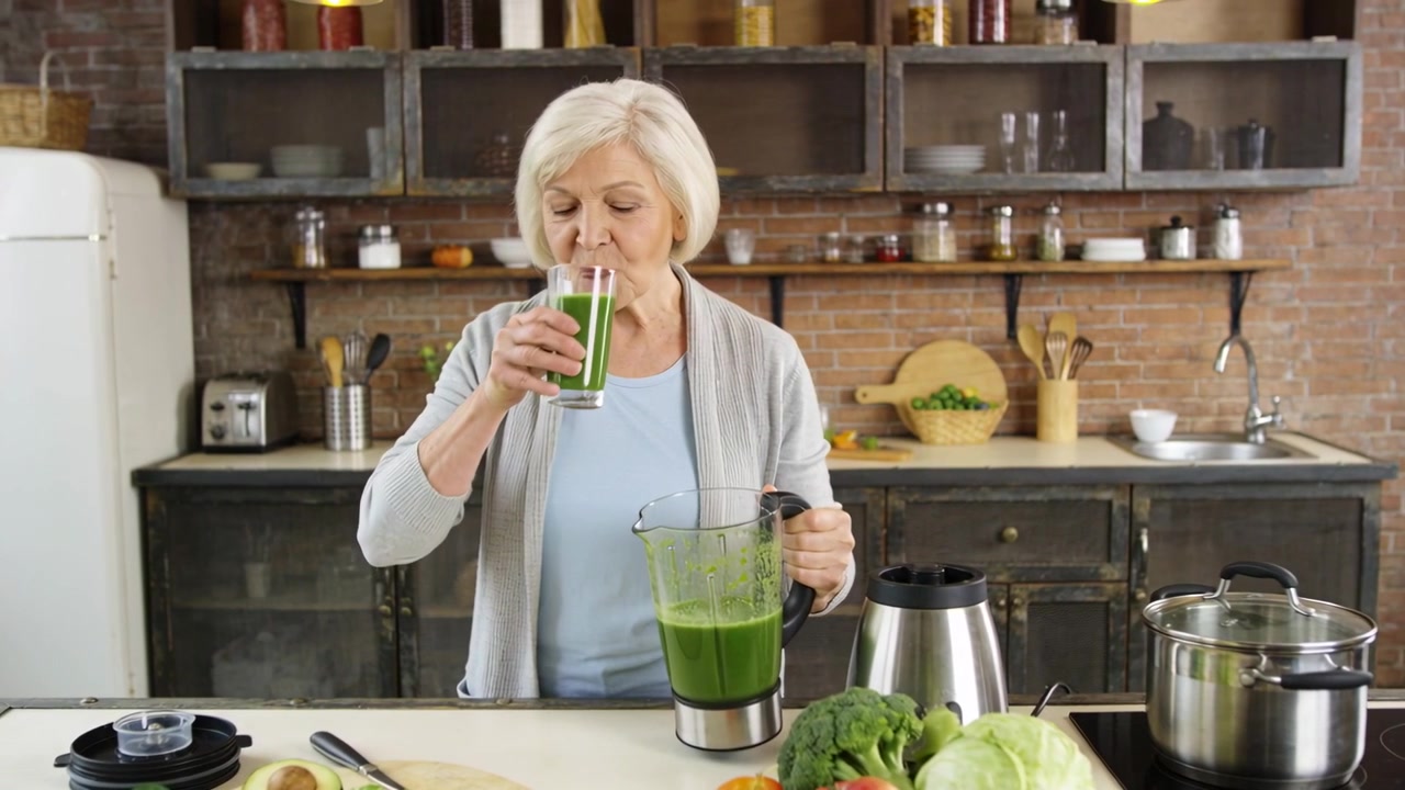 Dopo aver frullato, una donna anziana con un cardigan versa e assaggia un frullato verde al bancone con prodotti freschi.
