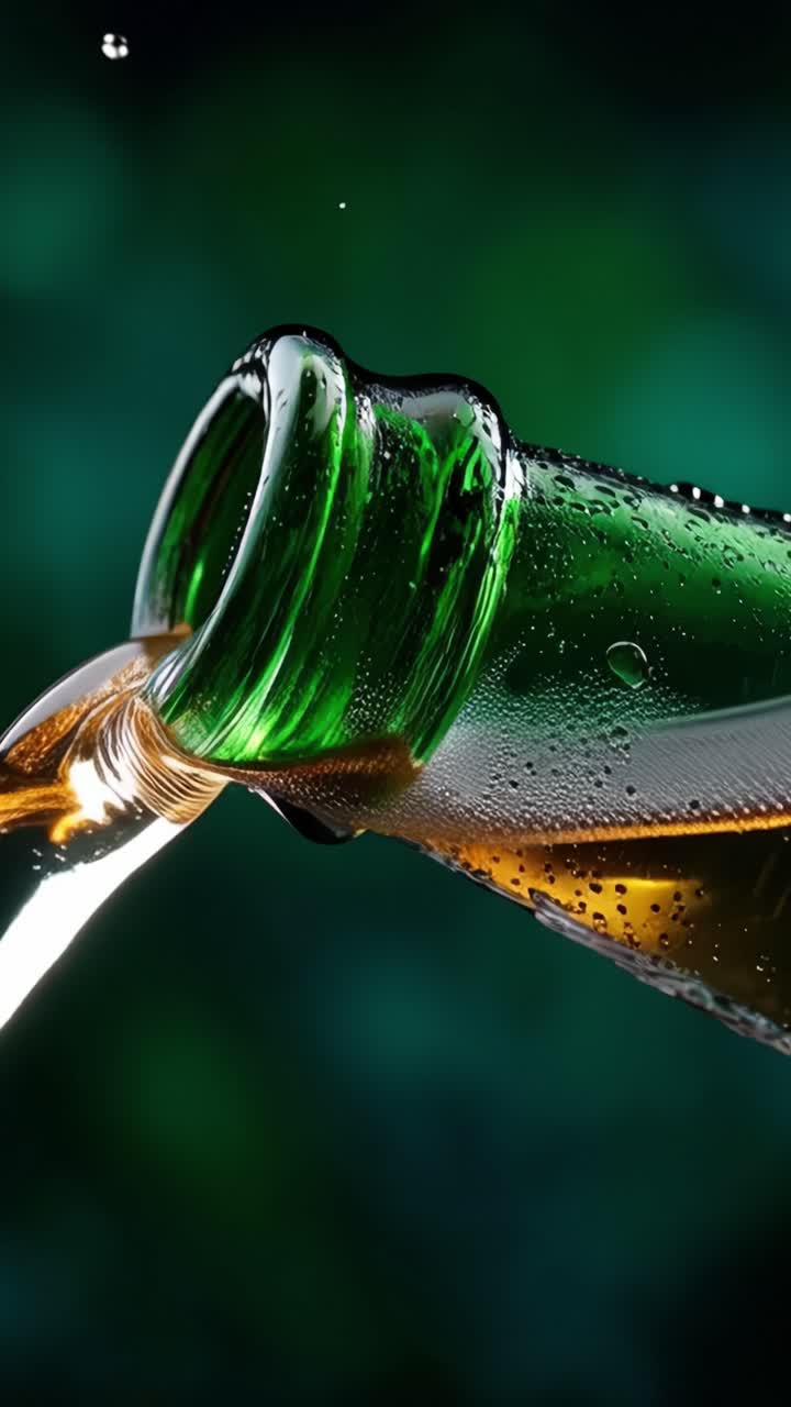 Un affascinante primo piano di una bottiglia di vetro verde che versa un rinfrescante liquido ambrato, catturando il momento del versamento con bolle intricate e condensa.