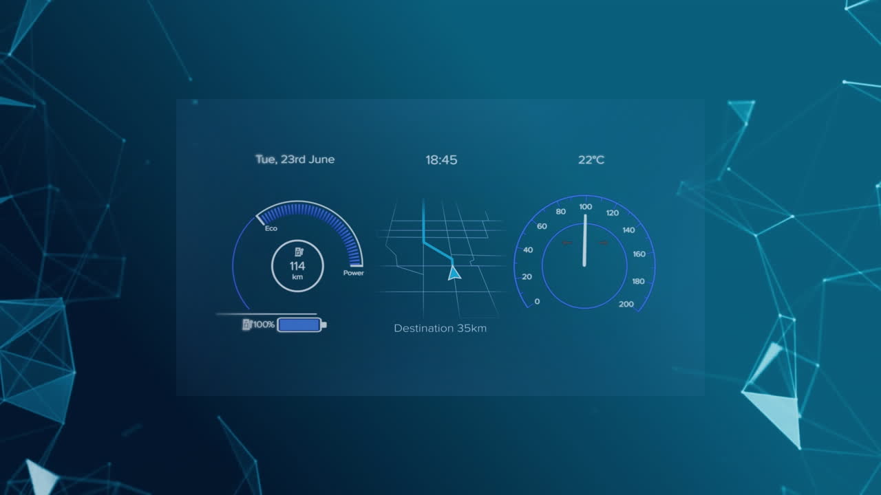 Animation of network of connections over electric vehicle interface on blue background