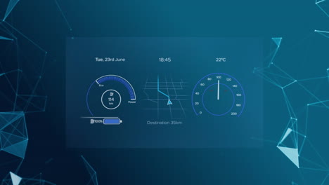animation of network of connections over electric vehicle interface on blue background