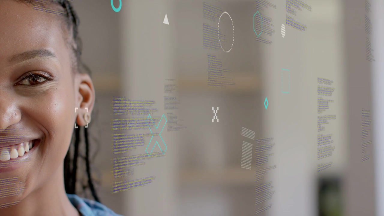 Woman gazing at clear panel, activating holographic tech UI and code, smiling while exploring data