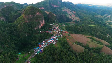 drone approach ban jabo remote village in mae hong son province of norther thailand , home oflahu tribes community aerial footage