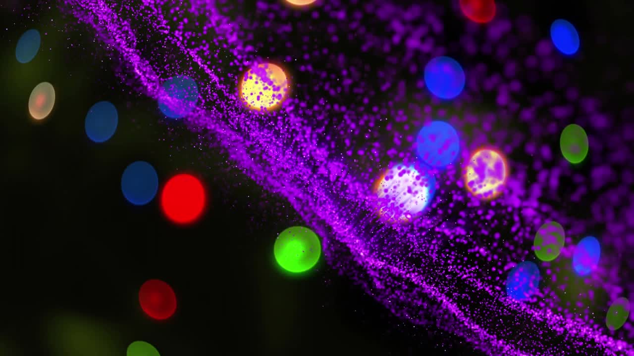Animazione di un'onda digitale viola su punti di luce colorati e luminosi su sfondo nero.