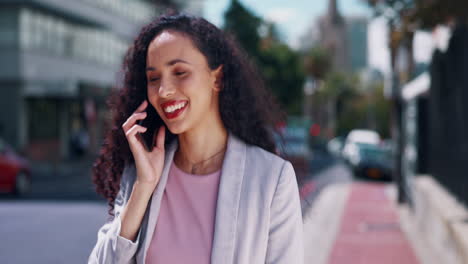 Phone-call,-answer-and-woman-in-city-with-online