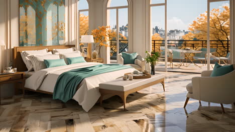 contemporary bedroom with balcony and autumn scenery in the morning light