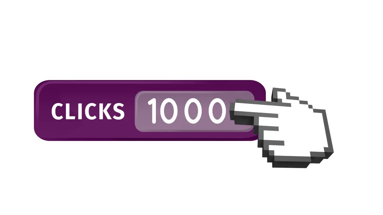 Animation of numbers and clicks text in purple banner with finger pointing on white background