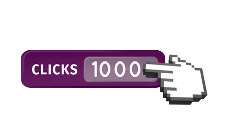 animation of numbers and clicks text in purple banner with finger pointing on white background