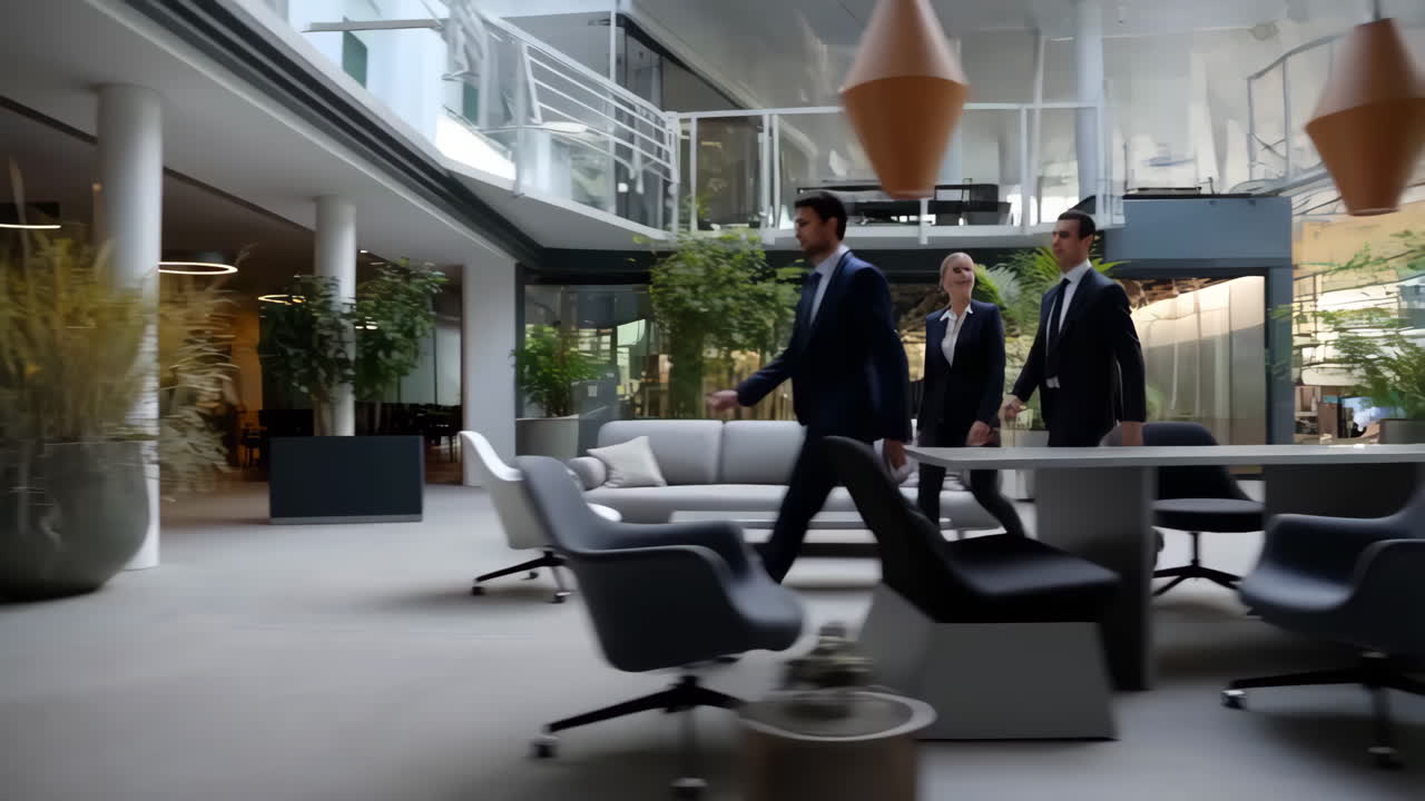 Business Professionals Walking in a Modern Office Lobby