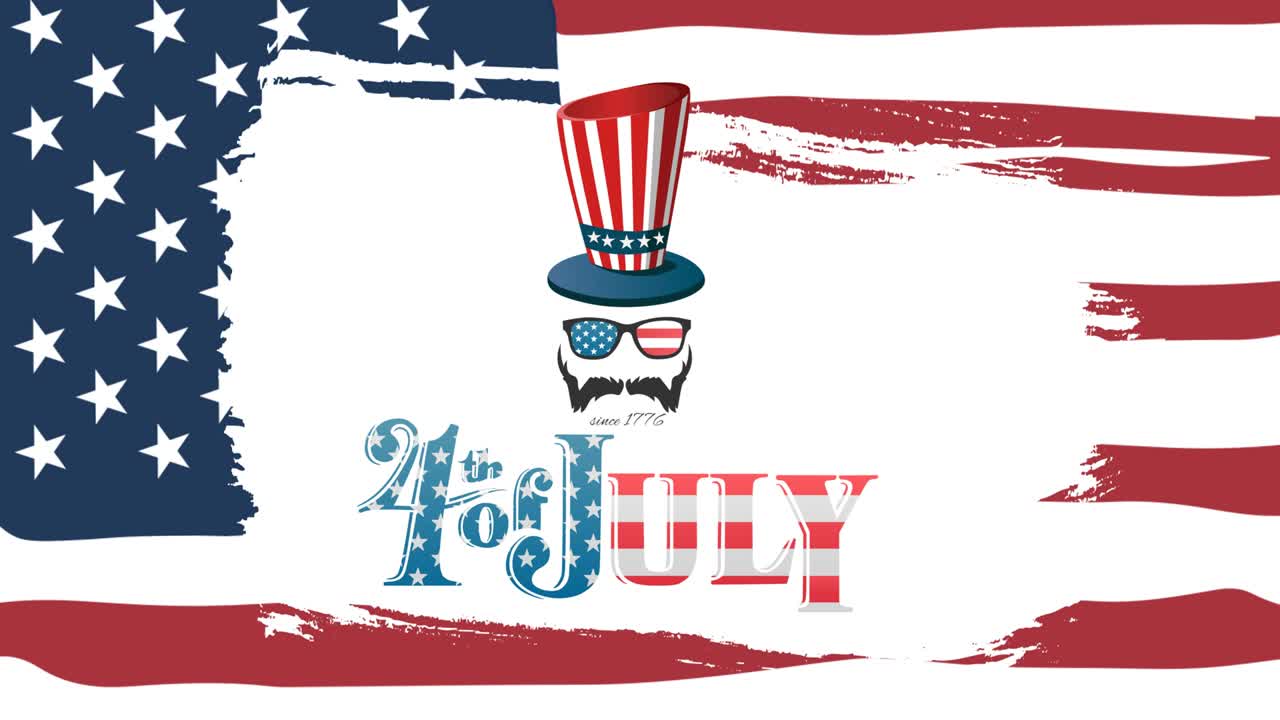 Animation of 4th of july text with top hat and face over american flag