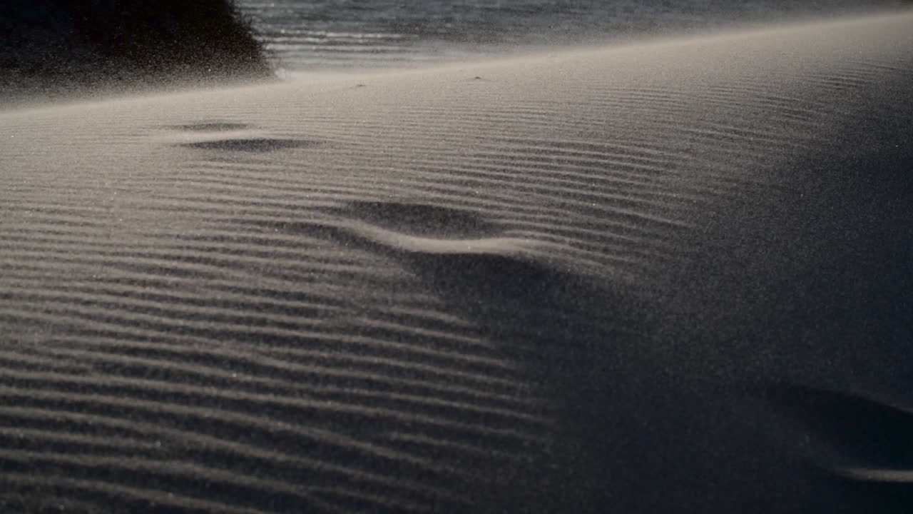 Sand blows over a sand dune with ocean in background
