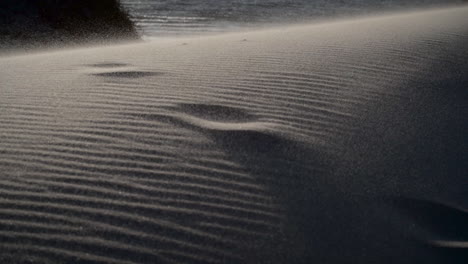 sand blows over a sand dune with ocean in background