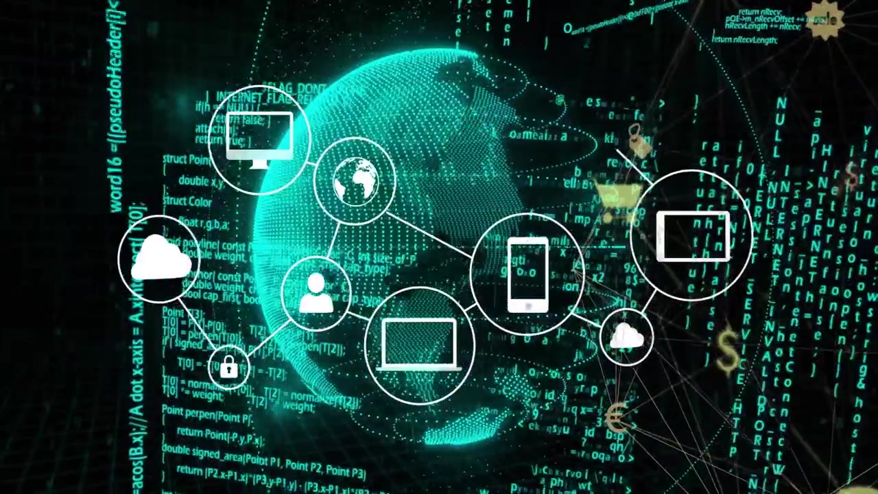 3D render visualizing network with rotating neon globe streaming code and connecting icons