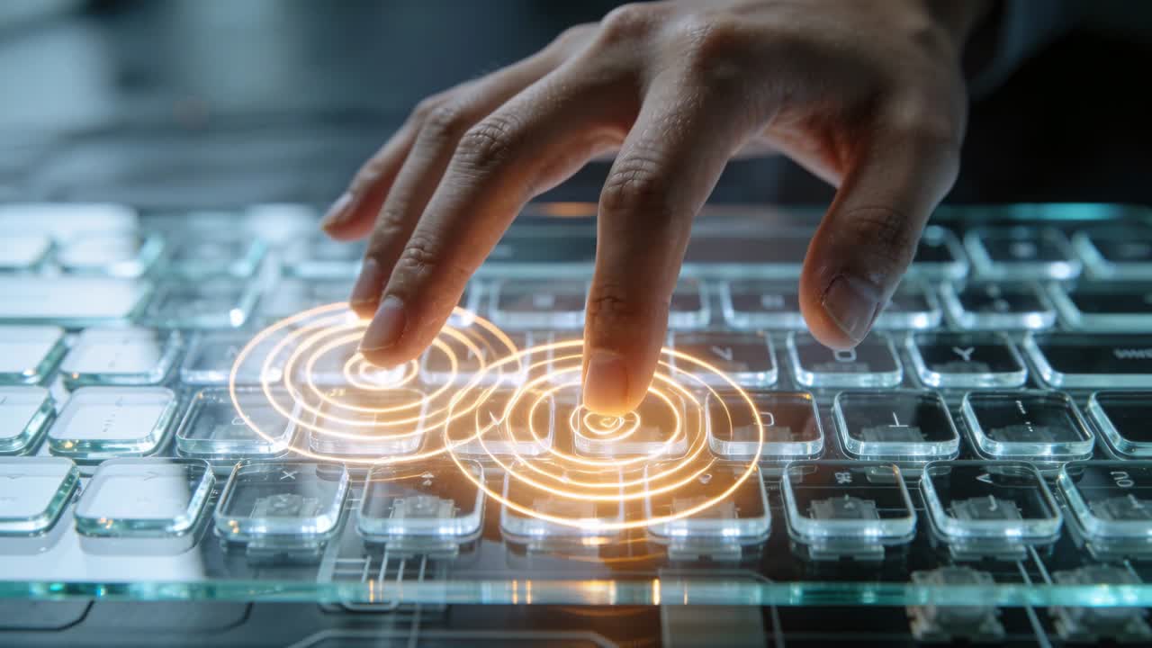 Vertical video: Right hand placing fingers on keys, orange rings pulsing, tracking taps for tech