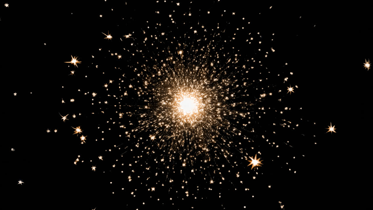 Bright explosion of golden sparks animated overlay, transparent 4K video, alpha channel, ProRes 4444