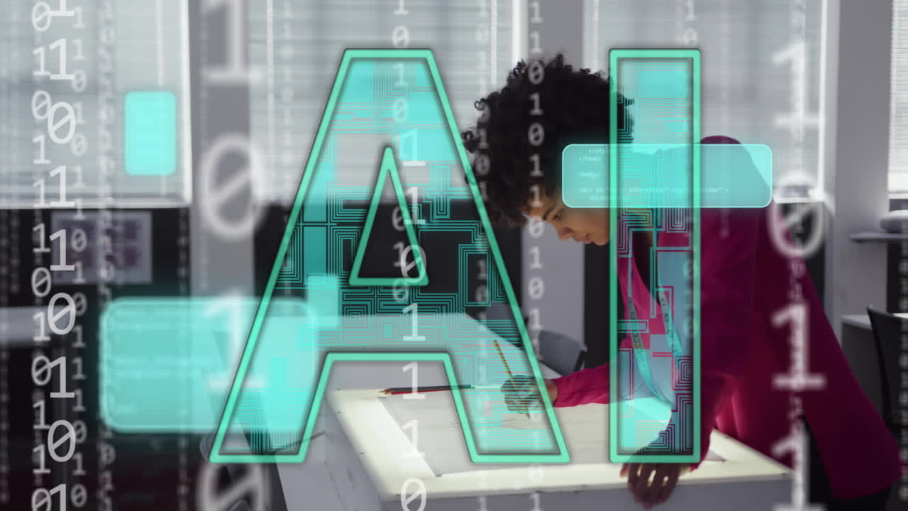 animación de codificación binaria y texto ai sobre proyecto de creación de mujeres de negocios biraciales