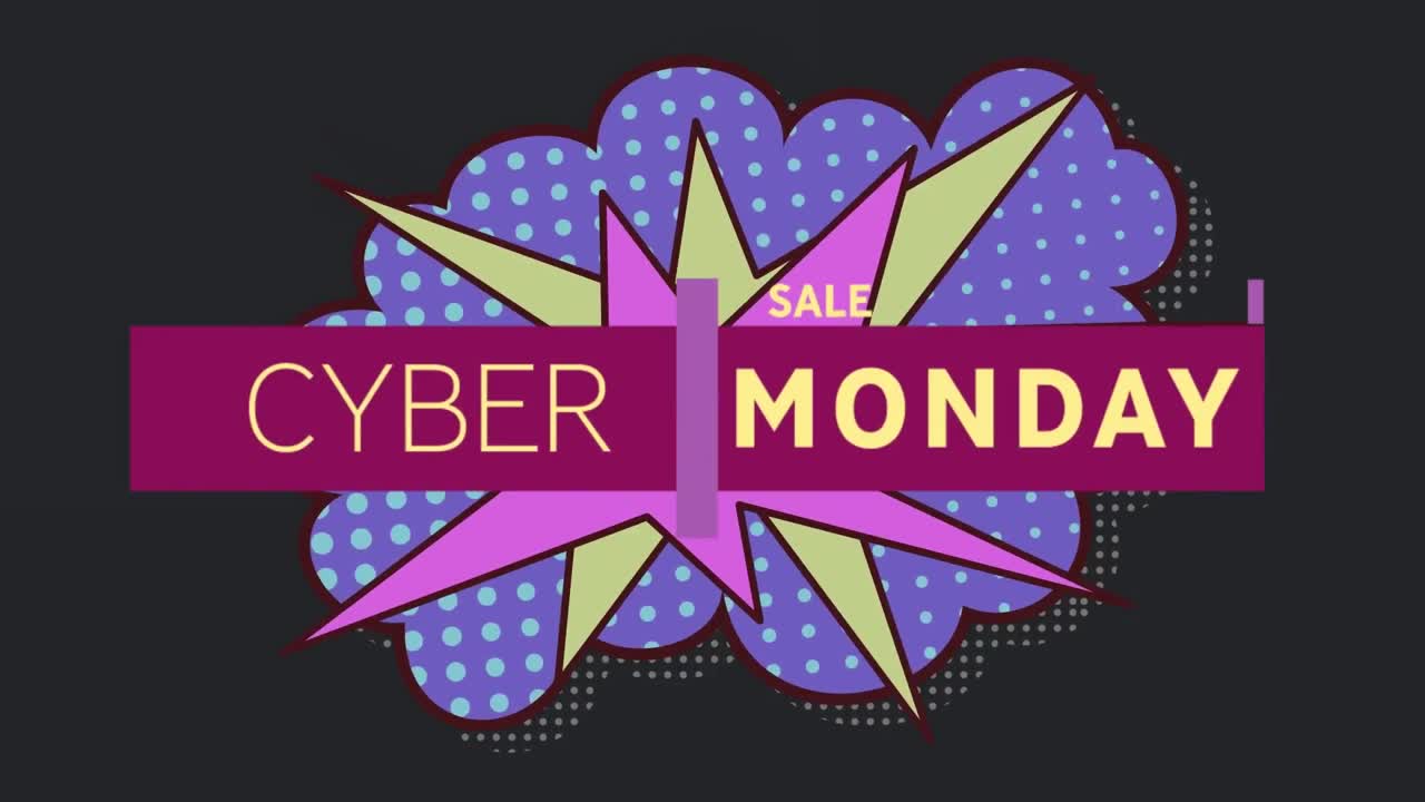 사이버 월요일 판매의 애니메이션 텍스트 오버 레트로 연설 거품 어두운 배경에