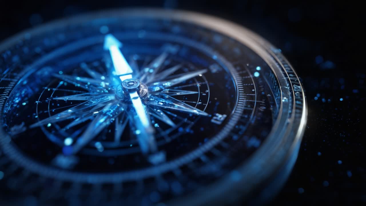 Luminous digital compass with a glowing needle pointing the way and searching for a direction on a dark background, representing technology, navigation, guidance, and exploration of the future