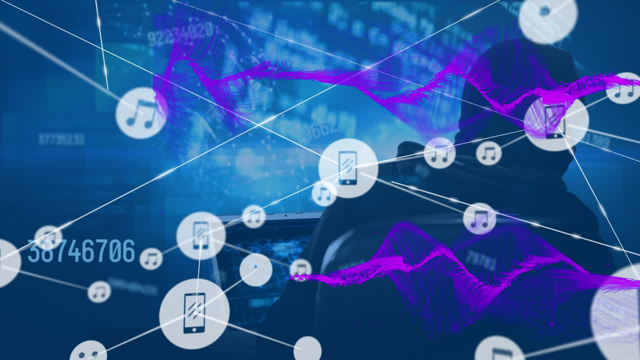 숫자와 연결된 네트워크의 애니메이션 남성 백인 해커