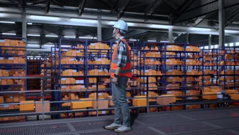 vista lateral completa del cuerpo de un ingeniero masculino asiático con casco de seguridad de pie en el almacén con estantes llenos de mercancías de entrega. mirando a su alrededor, comprobando el stock en los estantes