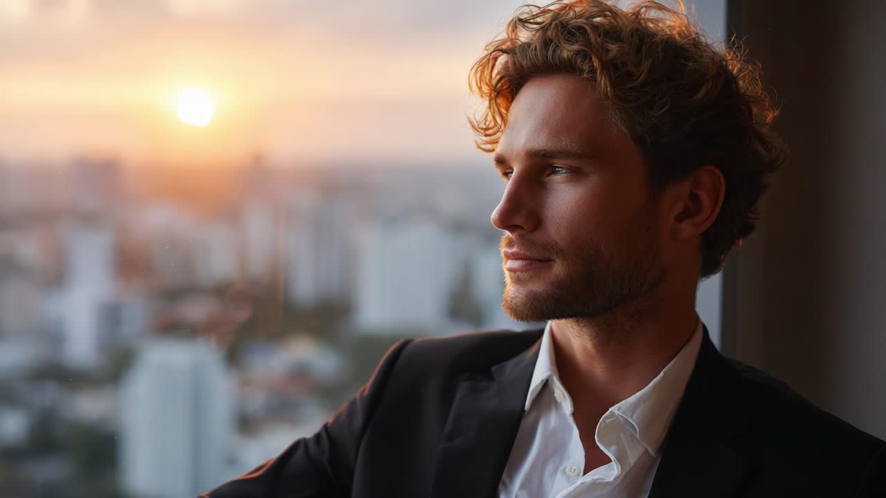 A contemplative man gazes out at a stunning sunset over a cityscape, reflecting on life’s possibilities and evoking deep thoughts as the day concludes