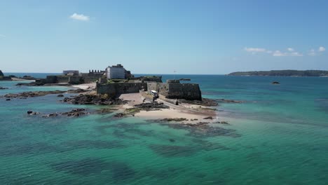 Elizabeth-castle-Jersey-channel-islands-drone-aerial-clear-blue-sky-in-summer